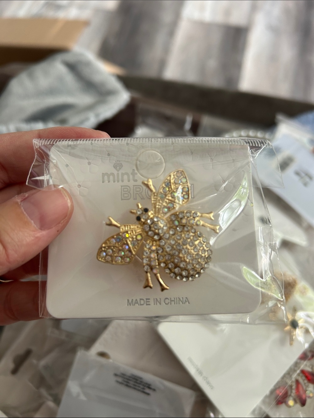 4/$50 Mint Gold Bee Brooch with Clear Crystals